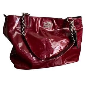 Authentic Coach Madison Patent Leather Burgundy Tote Bag Purse Silver Hardware